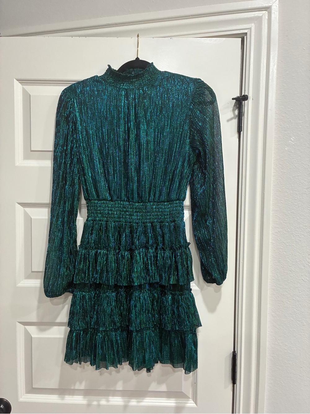 1. State Metallic Teal Green Tiered Mini Dress
